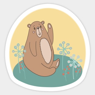 Cute teddybear sitting among flowers and berries Sticker